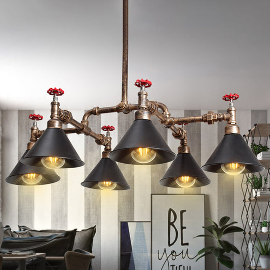 4/6 Lights Chandelier Light Fixture Vintage Stylish Cone Shade Metal Pendant Lighting with Red Valve in Brass 6 Brass Clearhalo 'Cast Iron' 'Ceiling Lights' 'Chandeliers' 'Industrial Chandeliers' 'Industrial' 'Metal' 'Middle Century Chandeliers' 'Rustic Chandeliers' 'Tiffany' Lighting' 248635