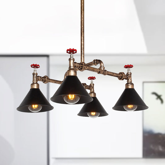 4/6 Lights Chandelier Light Fixture Vintage Stylish Cone Shade Metal Pendant Lighting with Red Valve in Brass 4 Brass Clearhalo 'Cast Iron' 'Ceiling Lights' 'Chandeliers' 'Industrial Chandeliers' 'Industrial' 'Metal' 'Middle Century Chandeliers' 'Rustic Chandeliers' 'Tiffany' Lighting' 248638