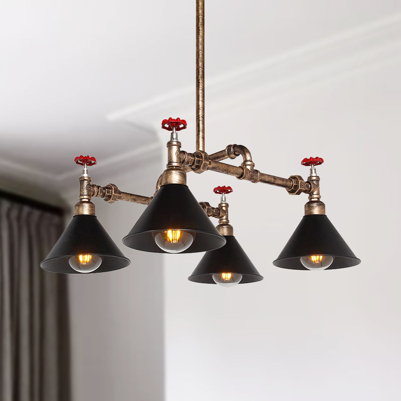 4/6 Lights Chandelier Light Fixture Vintage Stylish Cone Shade Metal Pendant Lighting with Red Valve in Brass Clearhalo 'Cast Iron' 'Ceiling Lights' 'Chandeliers' 'Industrial Chandeliers' 'Industrial' 'Metal' 'Middle Century Chandeliers' 'Rustic Chandeliers' 'Tiffany' Lighting' 248639