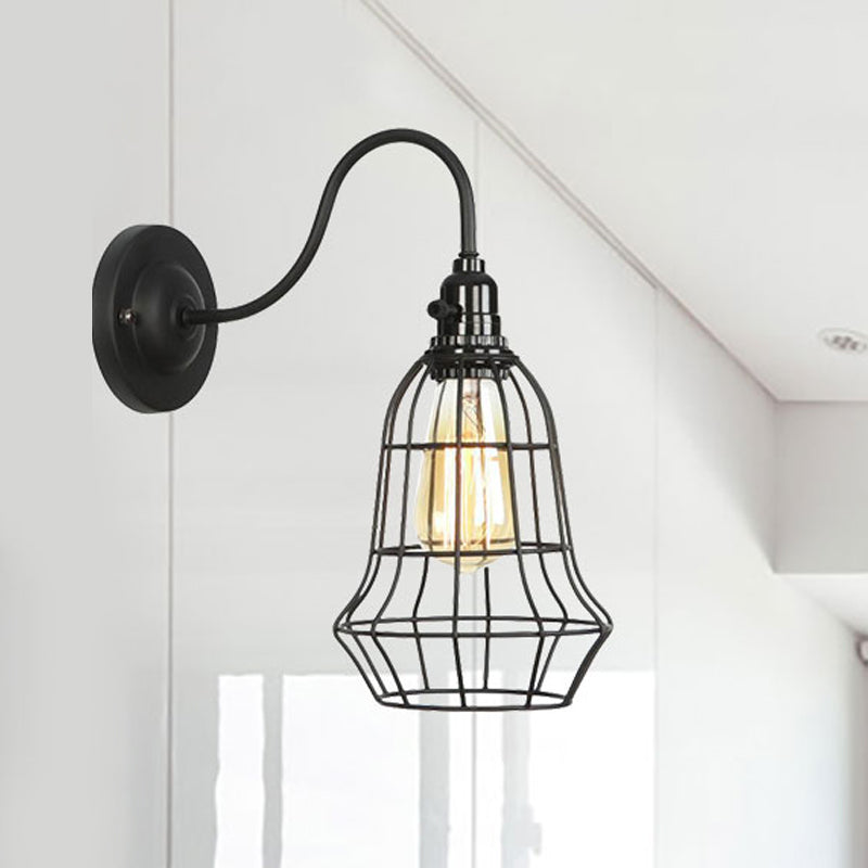Industrial Globe/Teardrop Cage Wall Sconce Metal 1 Bulb Metallic Wall Lighting with Gooseneck Arm in Black Clearhalo 'Art deco wall lights' 'Cast Iron' 'Glass' 'Industrial wall lights' 'Industrial' 'Middle century wall lights' 'Modern' 'Rustic wall lights' 'Tiffany' 'Traditional wall lights' 'Wall Lamps & Sconces' 'Wall Lights' Lighting' 248653
