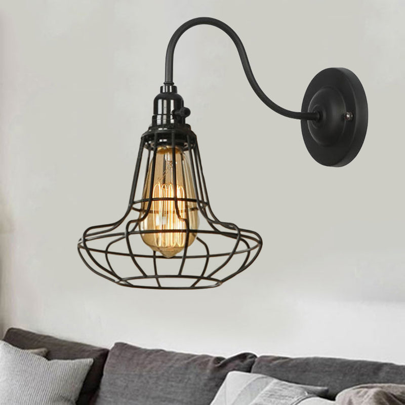Industrial Globe/Teardrop Cage Wall Sconce Metal 1 Bulb Metallic Wall Lighting with Gooseneck Arm in Black Black Vase Clearhalo 'Art deco wall lights' 'Cast Iron' 'Glass' 'Industrial wall lights' 'Industrial' 'Middle century wall lights' 'Modern' 'Rustic wall lights' 'Tiffany' 'Traditional wall lights' 'Wall Lamps & Sconces' 'Wall Lights' Lighting' 248654