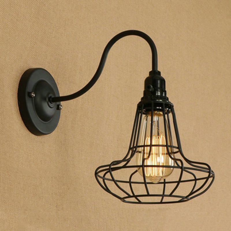 Industrial Globe/Teardrop Cage Wall Sconce Metal 1 Bulb Metallic Wall Lighting with Gooseneck Arm in Black Clearhalo 'Art deco wall lights' 'Cast Iron' 'Glass' 'Industrial wall lights' 'Industrial' 'Middle century wall lights' 'Modern' 'Rustic wall lights' 'Tiffany' 'Traditional wall lights' 'Wall Lamps & Sconces' 'Wall Lights' Lighting' 248655