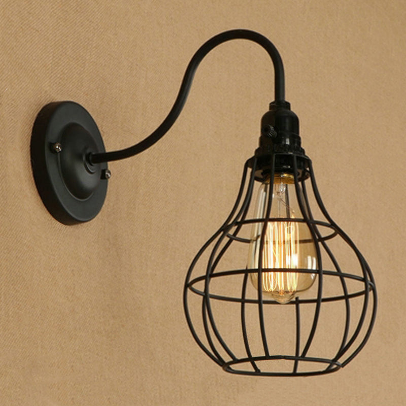 Industrial Globe/Teardrop Cage Wall Sconce Metal 1 Bulb Metallic Wall Lighting with Gooseneck Arm in Black Clearhalo 'Art deco wall lights' 'Cast Iron' 'Glass' 'Industrial wall lights' 'Industrial' 'Middle century wall lights' 'Modern' 'Rustic wall lights' 'Tiffany' 'Traditional wall lights' 'Wall Lamps & Sconces' 'Wall Lights' Lighting' 248657