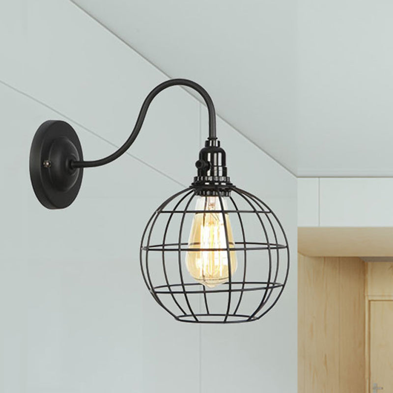 Industrial Globe/Teardrop Cage Wall Sconce Metal 1 Bulb Metallic Wall Lighting with Gooseneck Arm in Black Black Globe Clearhalo 'Art deco wall lights' 'Cast Iron' 'Glass' 'Industrial wall lights' 'Industrial' 'Middle century wall lights' 'Modern' 'Rustic wall lights' 'Tiffany' 'Traditional wall lights' 'Wall Lamps & Sconces' 'Wall Lights' Lighting' 248658