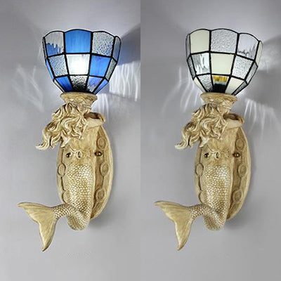 Resin Mermaid Wall Sconce Light with Grid Glass Shade 1 Head Lodge Wall Mount Light in White/Blue Clearhalo 'Industrial' 'Middle century wall lights' 'Tiffany wall lights' 'Tiffany' 'Wall Lamps & Sconces' 'Wall Lights' Lighting' 24866