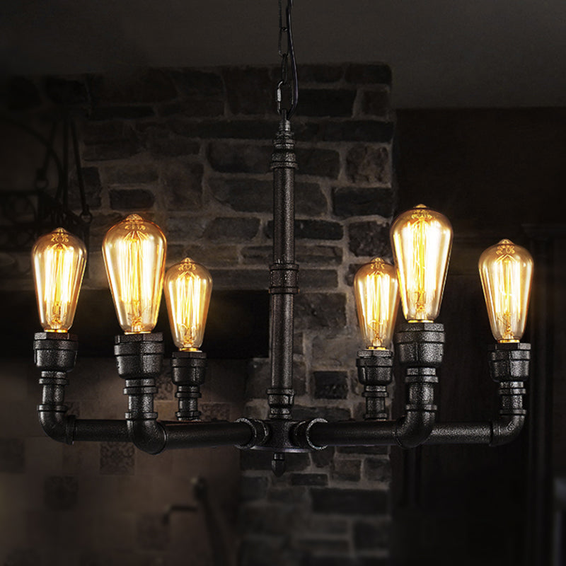 3/6 Heads Hanging Chandelier Lamp Vintage Bare Bulb Metal Pendant Light with Water Pipe in Black Clearhalo 'Cast Iron' 'Ceiling Lights' 'Chandeliers' 'Industrial Chandeliers' 'Industrial' 'Metal' 'Middle Century Chandeliers' 'Rustic Chandeliers' 'Tiffany' Lighting' 248661