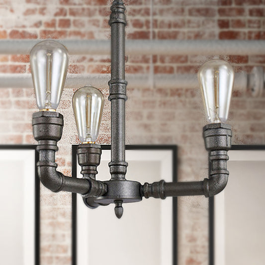 3/6 Heads Hanging Chandelier Lamp Vintage Bare Bulb Metal Pendant Light with Water Pipe in Black 3 Black Clearhalo 'Cast Iron' 'Ceiling Lights' 'Chandeliers' 'Industrial Chandeliers' 'Industrial' 'Metal' 'Middle Century Chandeliers' 'Rustic Chandeliers' 'Tiffany' Lighting' 248662