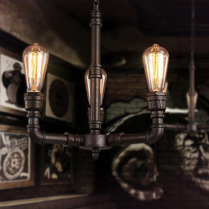 3/6 Heads Hanging Chandelier Lamp Vintage Bare Bulb Metal Pendant Light with Water Pipe in Black Clearhalo 'Cast Iron' 'Ceiling Lights' 'Chandeliers' 'Industrial Chandeliers' 'Industrial' 'Metal' 'Middle Century Chandeliers' 'Rustic Chandeliers' 'Tiffany' Lighting' 248663