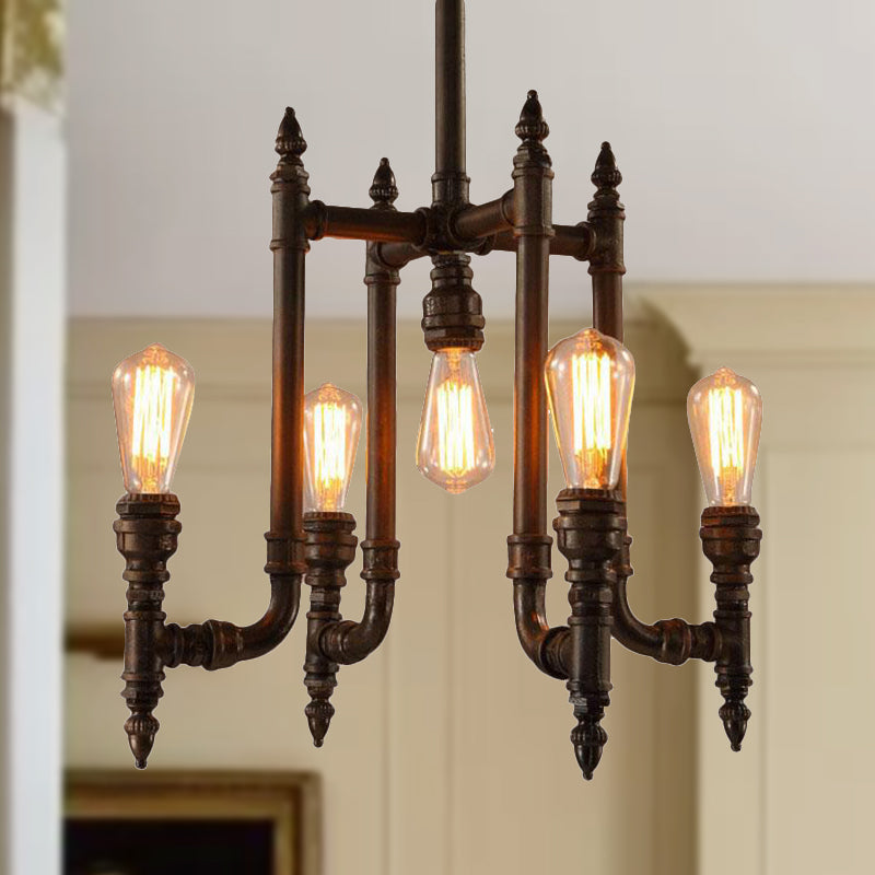 Metal Dark Rust Hanging Chandelier Lamp Exposed Bulb 5-Light Vintage Style Ceiling Light Fixture Clearhalo 'Cast Iron' 'Ceiling Lights' 'Chandeliers' 'Industrial Chandeliers' 'Industrial' 'Metal' 'Middle Century Chandeliers' 'Rustic Chandeliers' 'Tiffany' Lighting' 248665