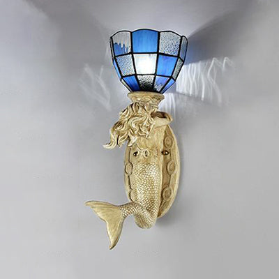 Resin Mermaid Wall Sconce Light with Grid Glass Shade 1 Head Lodge Wall Mount Light in White/Blue Blue Clearhalo 'Industrial' 'Middle century wall lights' 'Tiffany wall lights' 'Tiffany' 'Wall Lamps & Sconces' 'Wall Lights' Lighting' 24867