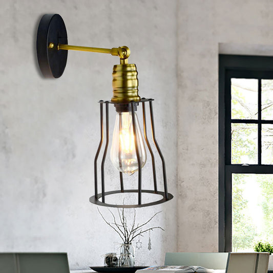 1 Bulb Iron Wall Sconce Lighting Farmhouse Brass/Aged Brass Cage Shade Dining Room Adjustable Wall Lighting Brass Clearhalo 'Art deco wall lights' 'Cast Iron' 'Glass' 'Industrial wall lights' 'Industrial' 'Middle century wall lights' 'Modern' 'Rustic wall lights' 'Tiffany' 'Traditional wall lights' 'Wall Lamps & Sconces' 'Wall Lights' Lighting' 248670