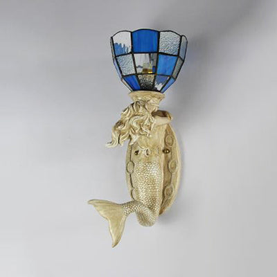 Resin Mermaid Wall Sconce Light with Grid Glass Shade 1 Head Lodge Wall Mount Light in White/Blue Clearhalo 'Industrial' 'Middle century wall lights' 'Tiffany wall lights' 'Tiffany' 'Wall Lamps & Sconces' 'Wall Lights' Lighting' 24868