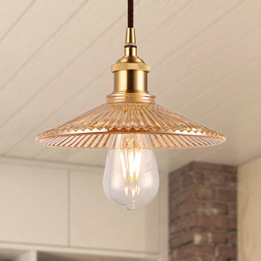 Amber Glass Ribbed Cone Suspension Light Mid Century 1 Bulb Restaurant Ceiling Pendant Clearhalo 'Ceiling Lights' 'Close To Ceiling Lights' 'Glass shade' 'Glass' 'Industrial Pendants' 'Industrial' 'Middle Century Pendants' 'Pendant Lights' 'Pendants' 'Tiffany' Lighting' 248695