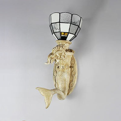 Resin Mermaid Wall Sconce Light with Grid Glass Shade 1 Head Lodge Wall Mount Light in White/Blue Clearhalo 'Industrial' 'Middle century wall lights' 'Tiffany wall lights' 'Tiffany' 'Wall Lamps & Sconces' 'Wall Lights' Lighting' 24870
