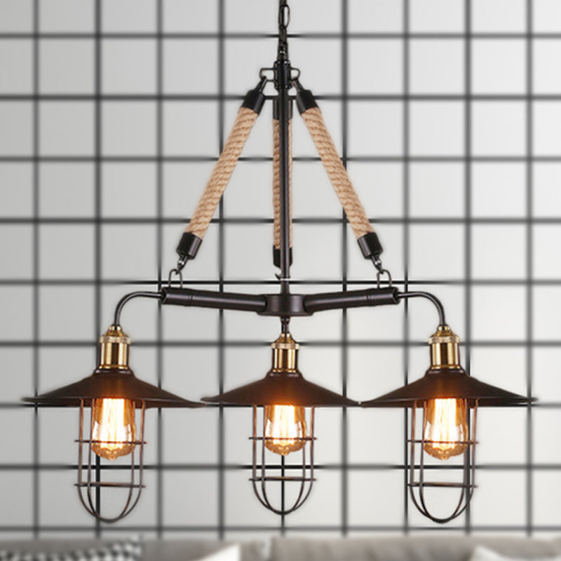 Flared Restaurant Chandelier Lamp Nautical Style Metal 3 Heads Black Ceiling Light Fixture with Rope Black Clearhalo 'Ceiling Lights' 'Chandeliers' 'Industrial Chandeliers' 'Industrial' 'Middle Century Chandeliers' 'Tiffany' Lighting' 248700