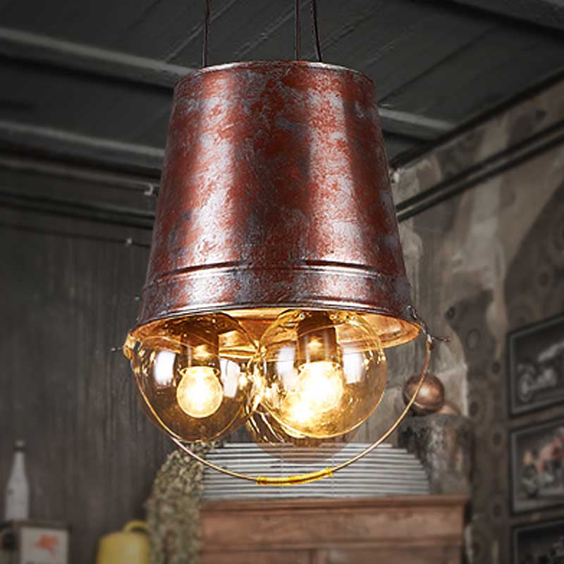 Semi Globe Living Room Pendant Chandelier Rustic Clear Glass 3 Lights Black Hanging Fixture with Metal Bucket Clearhalo 'Cast Iron' 'Ceiling Lights' 'Chandeliers' 'Industrial Chandeliers' 'Industrial' 'Metal' 'Middle Century Chandeliers' 'Rustic Chandeliers' 'Tiffany' Lighting' 248717