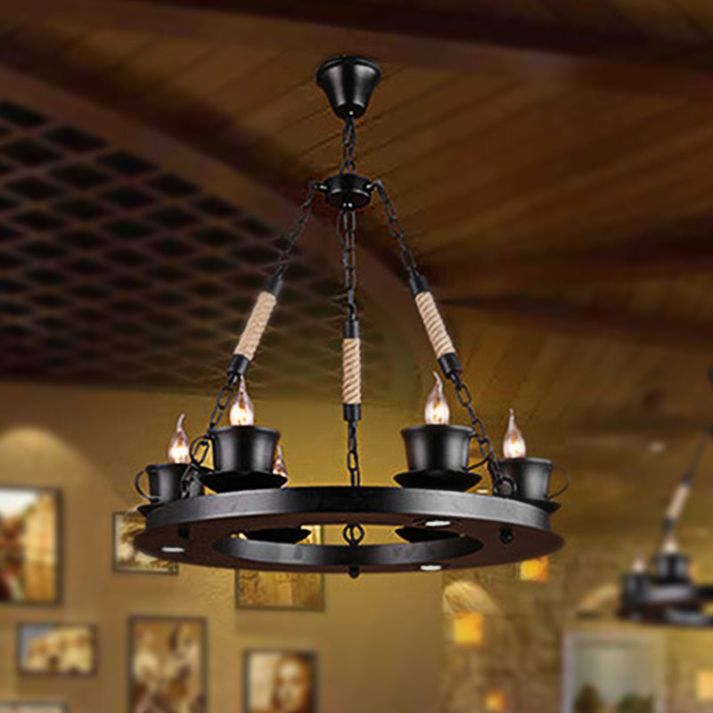 6-Light Ring Chandelier Light Country Style Black Metal Pendant Light Fixture with Teacup Shade for Restaurant Black Clearhalo 'Cast Iron' 'Ceiling Lights' 'Chandeliers' 'Industrial Chandeliers' 'Industrial' 'Metal' 'Middle Century Chandeliers' 'Rustic Chandeliers' 'Tiffany' Lighting' 248737