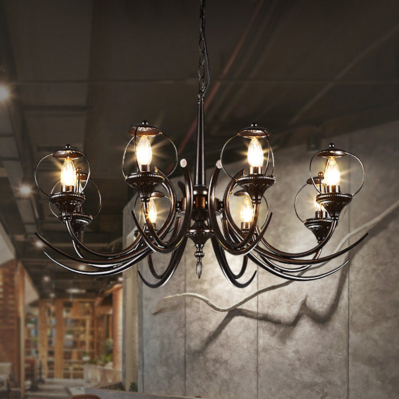 Farmhouse Wire Guard Chandelier Lighting with Curved Arm 8 Heads Iron Hanging Light Fixture in Black Clearhalo 'Ceiling Lights' 'Chandeliers' Lighting' options 248744