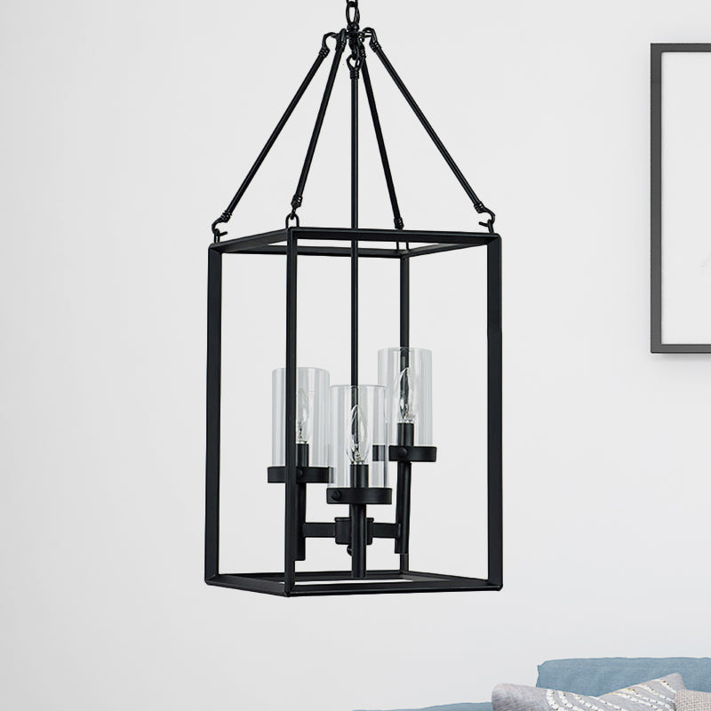 3 Lights Ceiling Light Fixture Vintage Candle Clear Glass Pendant Chandelier in Black with Metal Frame Black Clearhalo 'Ceiling Lights' 'Chandeliers' 'Close To Ceiling Lights' 'Glass shade' 'Glass' 'Industrial Chandeliers' 'Industrial' 'Middle Century Chandeliers' 'Tiffany' Lighting' 248752