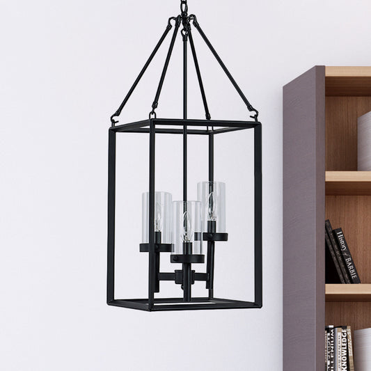 3 Lights Ceiling Light Fixture Vintage Candle Clear Glass Pendant Chandelier in Black with Metal Frame Clearhalo 'Ceiling Lights' 'Chandeliers' 'Close To Ceiling Lights' 'Glass shade' 'Glass' 'Industrial Chandeliers' 'Industrial' 'Middle Century Chandeliers' 'Tiffany' Lighting' 248753