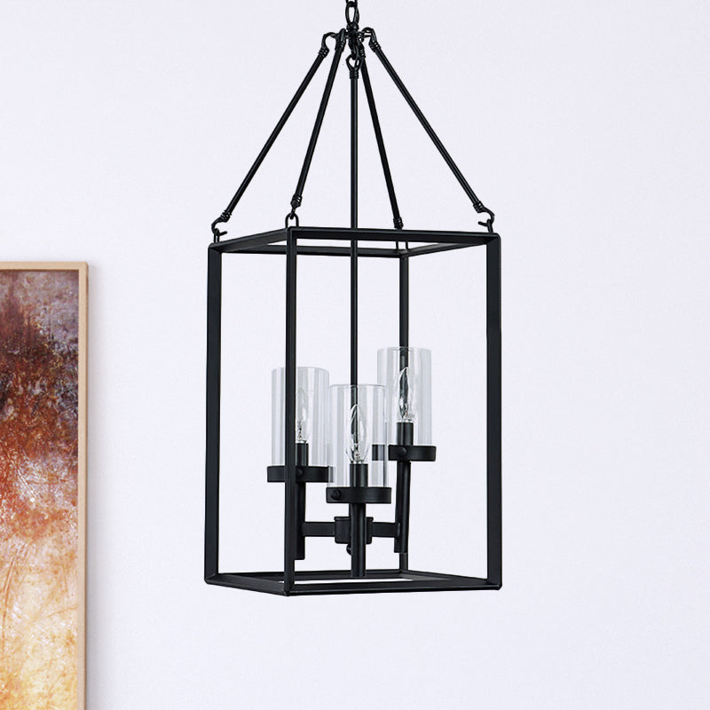 3 Lights Ceiling Light Fixture Vintage Candle Clear Glass Pendant Chandelier in Black with Metal Frame Clearhalo 'Ceiling Lights' 'Chandeliers' 'Close To Ceiling Lights' 'Glass shade' 'Glass' 'Industrial Chandeliers' 'Industrial' 'Middle Century Chandeliers' 'Tiffany' Lighting' 248754