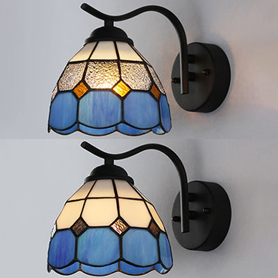 Mediterranean Dome Wall Lighting with Curved Arm Stained Glass 1 Light Sconce Light in White/Clear Clearhalo 'Industrial' 'Middle century wall lights' 'Tiffany wall lights' 'Tiffany' 'Wall Lamps & Sconces' 'Wall Lights' Lighting' 24876