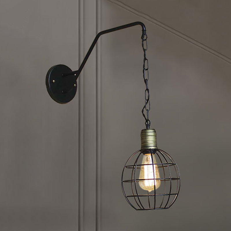 Black Triangle/Globe Cage Sconce Light Fixture Industrial Style Metal 1 Light Coffee Shop Wall Mount Light Black Globe Clearhalo 'Art deco wall lights' 'Cast Iron' 'Glass' 'Industrial wall lights' 'Industrial' 'Middle century wall lights' 'Modern' 'Rustic wall lights' 'Tiffany' 'Traditional wall lights' 'Wall Lamps & Sconces' 'Wall Lights' Lighting' 248769