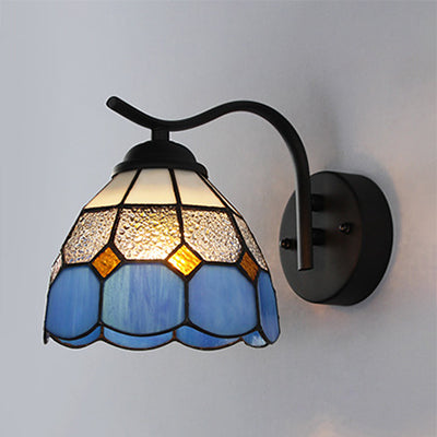Mediterranean Dome Wall Lighting with Curved Arm Stained Glass 1 Light Sconce Light in White/Clear Clearhalo 'Industrial' 'Middle century wall lights' 'Tiffany wall lights' 'Tiffany' 'Wall Lamps & Sconces' 'Wall Lights' Lighting' 24877