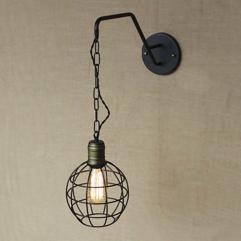 Black Triangle/Globe Cage Sconce Light Fixture Industrial Style Metal 1 Light Coffee Shop Wall Mount Light Clearhalo 'Art deco wall lights' 'Cast Iron' 'Glass' 'Industrial wall lights' 'Industrial' 'Middle century wall lights' 'Modern' 'Rustic wall lights' 'Tiffany' 'Traditional wall lights' 'Wall Lamps & Sconces' 'Wall Lights' Lighting' 248770