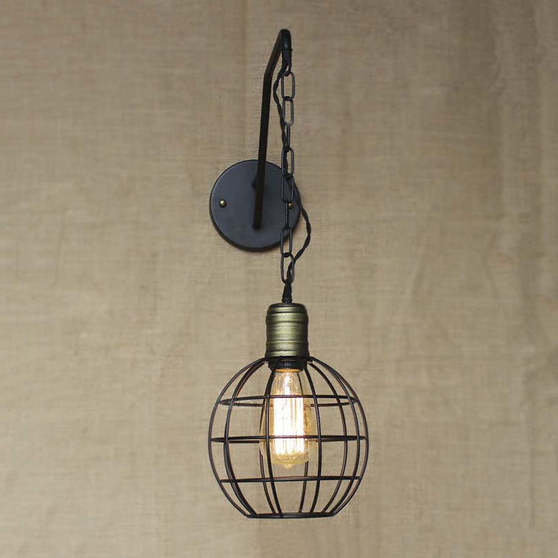 Black Triangle/Globe Cage Sconce Light Fixture Industrial Style Metal 1 Light Coffee Shop Wall Mount Light Clearhalo 'Art deco wall lights' 'Cast Iron' 'Glass' 'Industrial wall lights' 'Industrial' 'Middle century wall lights' 'Modern' 'Rustic wall lights' 'Tiffany' 'Traditional wall lights' 'Wall Lamps & Sconces' 'Wall Lights' Lighting' 248771