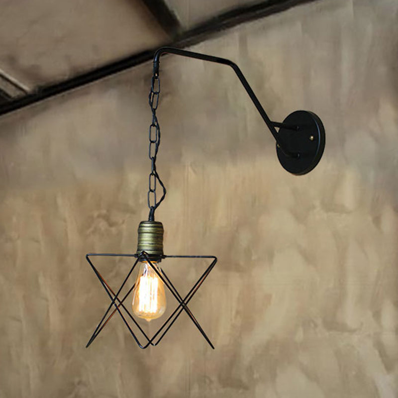 Black Triangle/Globe Cage Sconce Light Fixture Industrial Style Metal 1 Light Coffee Shop Wall Mount Light Black Triangle Clearhalo 'Art deco wall lights' 'Cast Iron' 'Glass' 'Industrial wall lights' 'Industrial' 'Middle century wall lights' 'Modern' 'Rustic wall lights' 'Tiffany' 'Traditional wall lights' 'Wall Lamps & Sconces' 'Wall Lights' Lighting' 248772