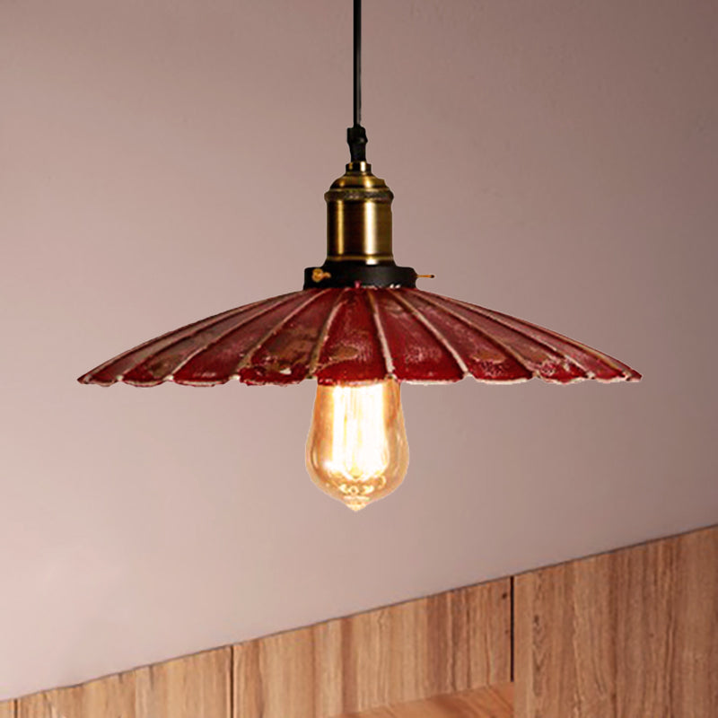 Red Scalloped Shade Hanging Light Fixture Rustic Style Metallic 1 Bulb Coffee Shop Pendant Lamp Red Clearhalo 'Art Deco Pendants' 'Cast Iron' 'Ceiling Lights' 'Ceramic' 'Crystal' 'Industrial Pendants' 'Industrial' 'Metal' 'Middle Century Pendants' 'Pendant Lights' 'Pendants' 'Tiffany' Lighting' 248780