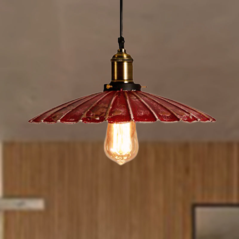 Red Scalloped Shade Hanging Light Fixture Rustic Style Metallic 1 Bulb Coffee Shop Pendant Lamp Clearhalo 'Art Deco Pendants' 'Cast Iron' 'Ceiling Lights' 'Ceramic' 'Crystal' 'Industrial Pendants' 'Industrial' 'Metal' 'Middle Century Pendants' 'Pendant Lights' 'Pendants' 'Tiffany' Lighting' 248781