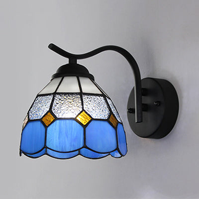 Mediterranean Dome Wall Lighting with Curved Arm Stained Glass 1 Light Sconce Light in White/Clear Clearhalo 'Industrial' 'Middle century wall lights' 'Tiffany wall lights' 'Tiffany' 'Wall Lamps & Sconces' 'Wall Lights' Lighting' 24878