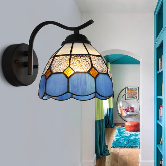 Mediterranean Dome Wall Lighting with Curved Arm Stained Glass 1 Light Sconce Light in White/Clear Clear Clearhalo 'Industrial' 'Middle century wall lights' 'Tiffany wall lights' 'Tiffany' 'Wall Lamps & Sconces' 'Wall Lights' Lighting' 24879