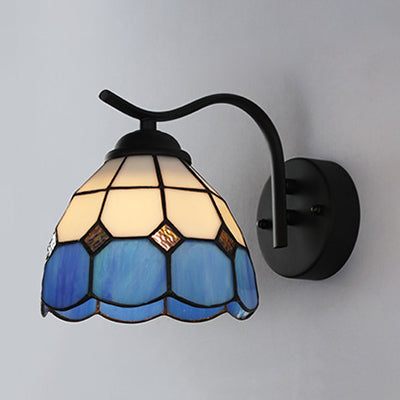 Mediterranean Dome Wall Lighting with Curved Arm Stained Glass 1 Light Sconce Light in White/Clear White Clearhalo 'Industrial' 'Middle century wall lights' 'Tiffany wall lights' 'Tiffany' 'Wall Lamps & Sconces' 'Wall Lights' Lighting' 24880
