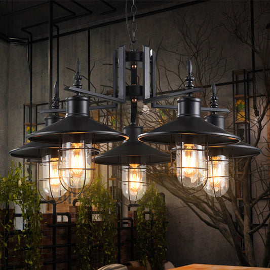 5-Light Cone Chandelier Industrial Black Clear Glass Pendant Light Fixture for Dining Room with Iron Cage Black Clearhalo 'Cast Iron' 'Ceiling Lights' 'Chandeliers' 'Industrial Chandeliers' 'Industrial' 'Metal' 'Middle Century Chandeliers' 'Rustic Chandeliers' 'Tiffany' Lighting' 248808