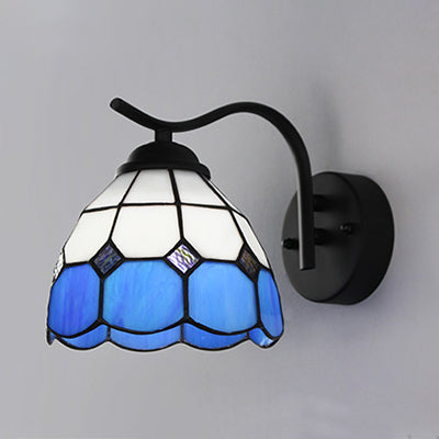 Mediterranean Dome Wall Lighting with Curved Arm Stained Glass 1 Light Sconce Light in White/Clear Clearhalo 'Industrial' 'Middle century wall lights' 'Tiffany wall lights' 'Tiffany' 'Wall Lamps & Sconces' 'Wall Lights' Lighting' 24881