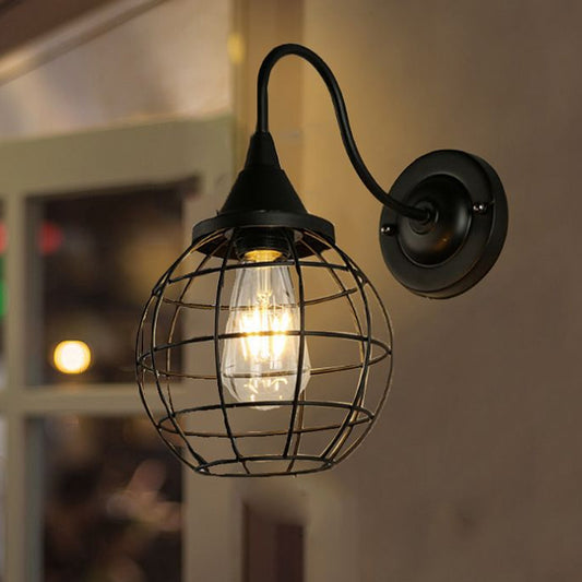 Rustic Style Ball Cage Wall Lighting with Gooseneck Arm 1 Bulb Iron Wall Sconce in Rust/Black Finish Clearhalo 'Art deco wall lights' 'Cast Iron' 'Glass' 'Industrial wall lights' 'Industrial' 'Middle century wall lights' 'Modern' 'Rustic wall lights' 'Tiffany' 'Traditional wall lights' 'Wall Lamps & Sconces' 'Wall Lights' Lighting' 248817