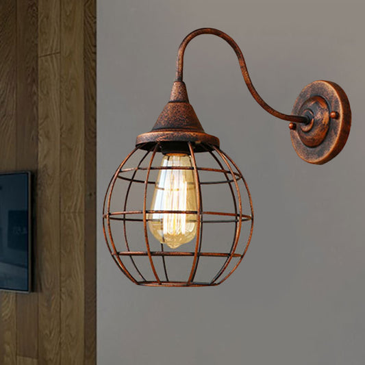 Rustic Style Ball Cage Wall Lighting with Gooseneck Arm 1 Bulb Iron Wall Sconce in Rust/Black Finish Rust Clearhalo 'Art deco wall lights' 'Cast Iron' 'Glass' 'Industrial wall lights' 'Industrial' 'Middle century wall lights' 'Modern' 'Rustic wall lights' 'Tiffany' 'Traditional wall lights' 'Wall Lamps & Sconces' 'Wall Lights' Lighting' 248818