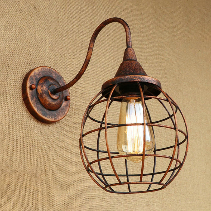 Rustic Style Ball Cage Wall Lighting with Gooseneck Arm 1 Bulb Iron Wall Sconce in Rust/Black Finish Clearhalo 'Art deco wall lights' 'Cast Iron' 'Glass' 'Industrial wall lights' 'Industrial' 'Middle century wall lights' 'Modern' 'Rustic wall lights' 'Tiffany' 'Traditional wall lights' 'Wall Lamps & Sconces' 'Wall Lights' Lighting' 248819