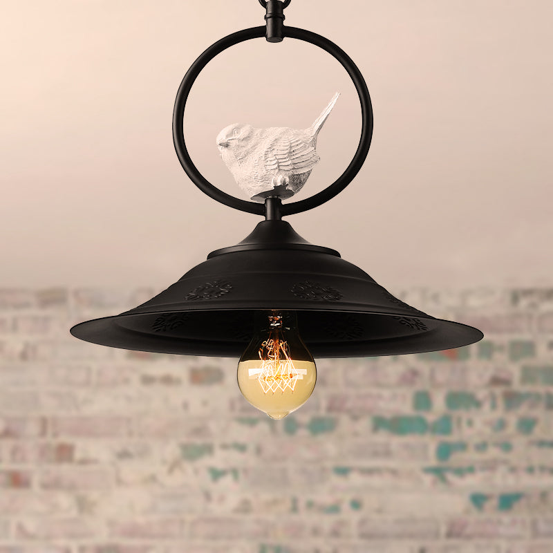 1 Light Bell Design Ceiling Hanging Light Lodge Style Black Metallic Pendant Lamp with Bird Accent Black Clearhalo 'Art Deco Pendants' 'Black' 'Cast Iron' 'Ceiling Lights' 'Ceramic' 'Crystal' 'Industrial Pendants' 'Industrial' 'Metal' 'Middle Century Pendants' 'Pendant Lights' 'Pendants' 'Rustic Pendants' 'Tiffany' Lighting' 248829