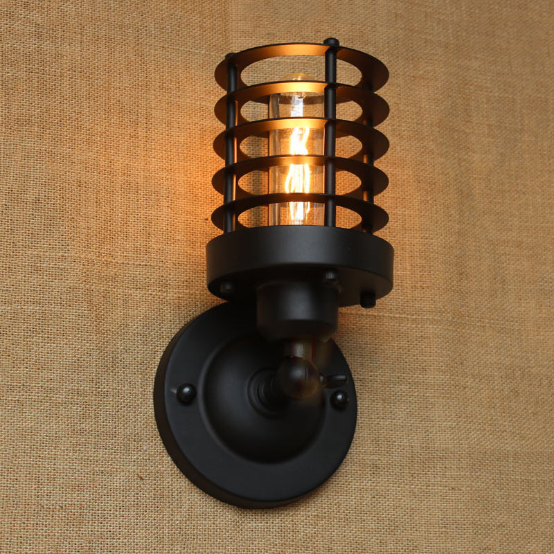 Wrought Iron Cylinder Wall Light with Cage Shade Industrial 1 Head Indoor Wall Mount Light in Rust/Black Finish Clearhalo 'Art deco wall lights' 'Cast Iron' 'Glass' 'Industrial wall lights' 'Industrial' 'Middle century wall lights' 'Modern' 'Rustic wall lights' 'Tiffany' 'Traditional wall lights' 'Wall Lamps & Sconces' 'Wall Lights' Lighting' 248844