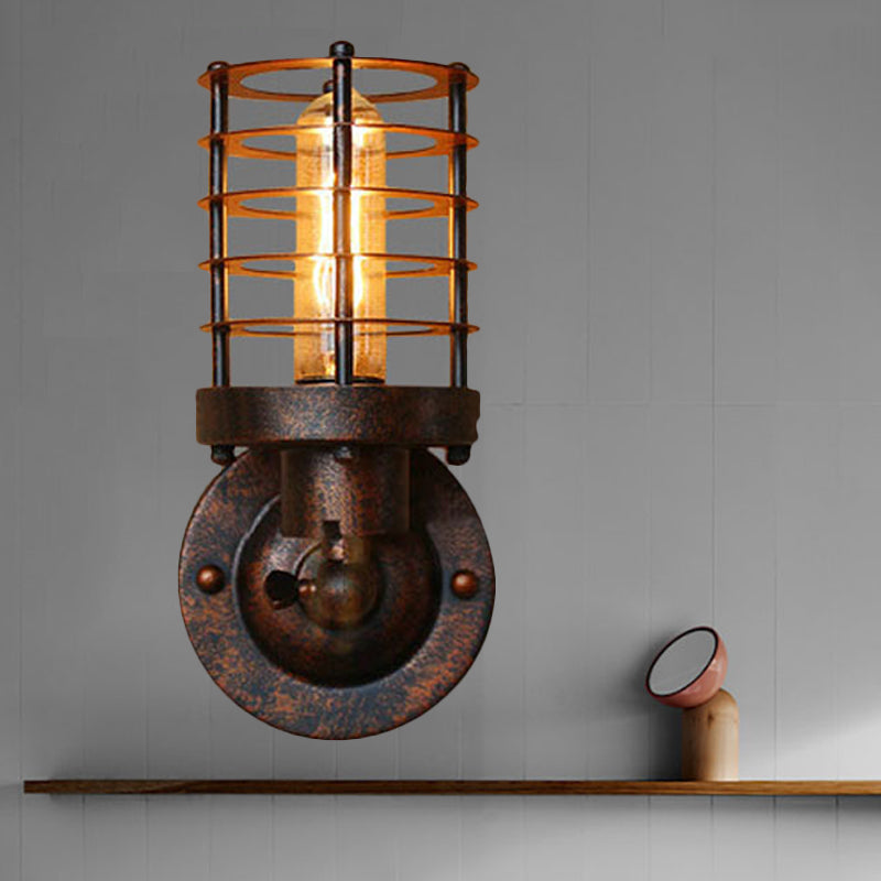 Wrought Iron Cylinder Wall Light with Cage Shade Industrial 1 Head Indoor Wall Mount Light in Rust/Black Finish Rust Clearhalo 'Art deco wall lights' 'Cast Iron' 'Glass' 'Industrial wall lights' 'Industrial' 'Middle century wall lights' 'Modern' 'Rustic wall lights' 'Tiffany' 'Traditional wall lights' 'Wall Lamps & Sconces' 'Wall Lights' Lighting' 248845