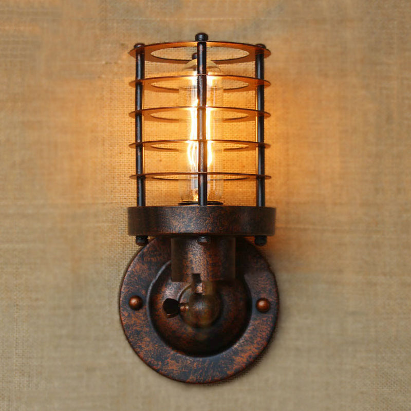 Wrought Iron Cylinder Wall Light with Cage Shade Industrial 1 Head Indoor Wall Mount Light in Rust/Black Finish Clearhalo 'Art deco wall lights' 'Cast Iron' 'Glass' 'Industrial wall lights' 'Industrial' 'Middle century wall lights' 'Modern' 'Rustic wall lights' 'Tiffany' 'Traditional wall lights' 'Wall Lamps & Sconces' 'Wall Lights' Lighting' 248846