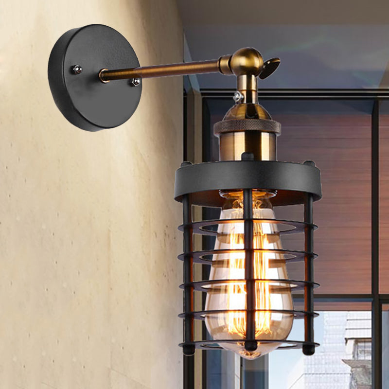 Metal Caged Wall Lighting Industrial Rustic 1 Light Indoor Mini Wall Mount Light with Cylindrical Shade Black Clearhalo 'Art deco wall lights' 'Cast Iron' 'Glass' 'Industrial wall lights' 'Industrial' 'Middle century wall lights' 'Modern' 'Rustic wall lights' 'Tiffany' 'Traditional wall lights' 'Wall Lamps & Sconces' 'Wall Lights' Lighting' 248859