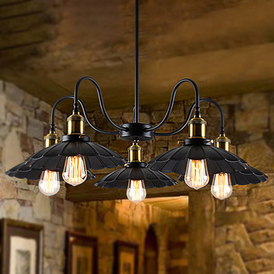 Black Finish Scalloped Chandelier Light Industrial Metal 5 Heads Indoor Pendant Lighting with Gooseneck Arm Black Clearhalo 'Cast Iron' 'Ceiling Lights' 'Chandeliers' 'Industrial Chandeliers' 'Industrial' 'Metal' 'Middle Century Chandeliers' 'Rustic Chandeliers' 'Tiffany' Lighting' 248868