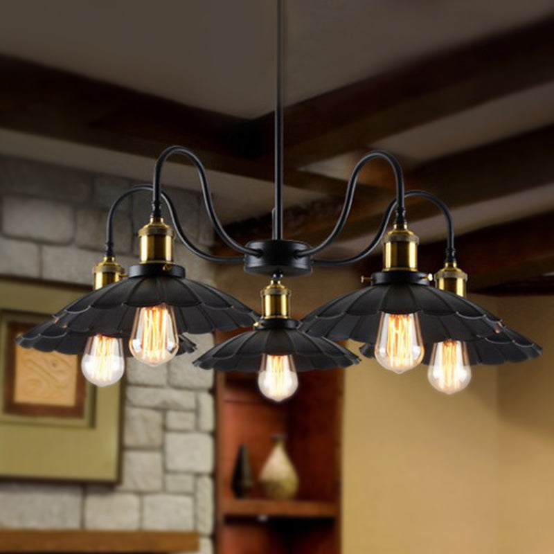 Black Finish Scalloped Chandelier Light Industrial Metal 5 Heads Indoor Pendant Lighting with Gooseneck Arm Clearhalo 'Cast Iron' 'Ceiling Lights' 'Chandeliers' 'Industrial Chandeliers' 'Industrial' 'Metal' 'Middle Century Chandeliers' 'Rustic Chandeliers' 'Tiffany' Lighting' 248869