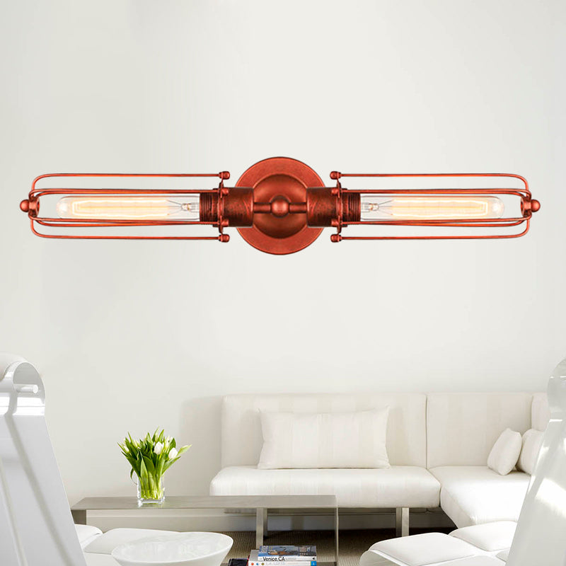 2 Lights Tube Cage Wall Lighting with Linear Design Industrial Style Rust/Black Metallic Wall Lamp for Corridor Clearhalo 'Art deco wall lights' 'Cast Iron' 'Glass' 'Industrial wall lights' 'Industrial' 'Middle century wall lights' 'Modern' 'Rustic wall lights' 'Tiffany' 'Traditional wall lights' 'Wall Lamps & Sconces' 'Wall Lights' Lighting' 248882