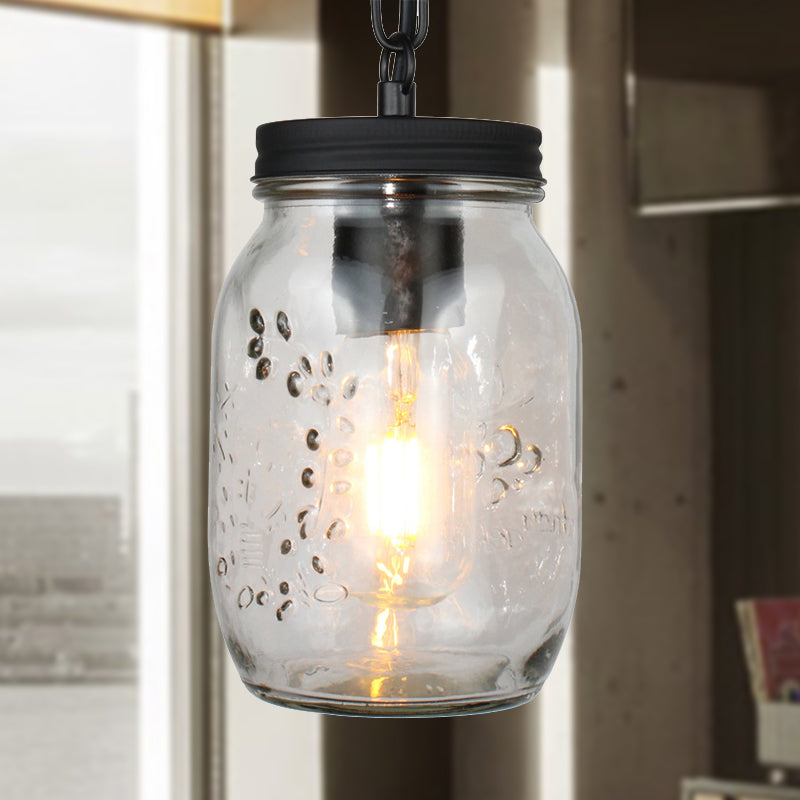Modern Mason Jar Hanging Ceiling Light 1 Light Clear Glass Pendant Lighting in Black Clear Clearhalo 'Ceiling Lights' 'Glass shade' 'Glass' 'Industrial Pendants' 'Industrial' 'Middle Century Pendants' 'Pendant Lights' 'Pendants' 'Tiffany' Lighting' 248889